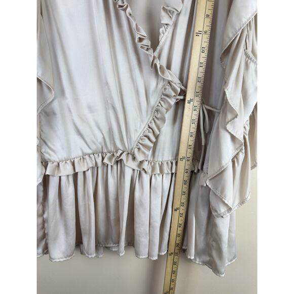 Munthe Vox Wrap Blouse Women’s Ivory Ruffle Satin Like Top Approx Size M/L Boho - Picture 12 of 13